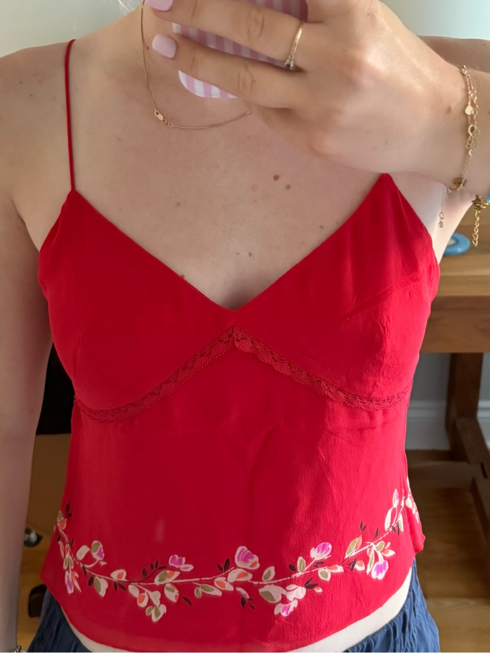 Vintage Silk Red Floral-Embroidered Spaghetti Strap Camisole - Picture 4 of 4